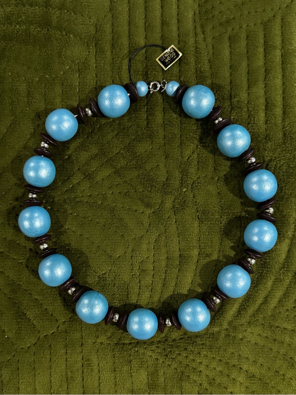 Statement Necklace Blue & Brown Wooden Beads with Silver Accents